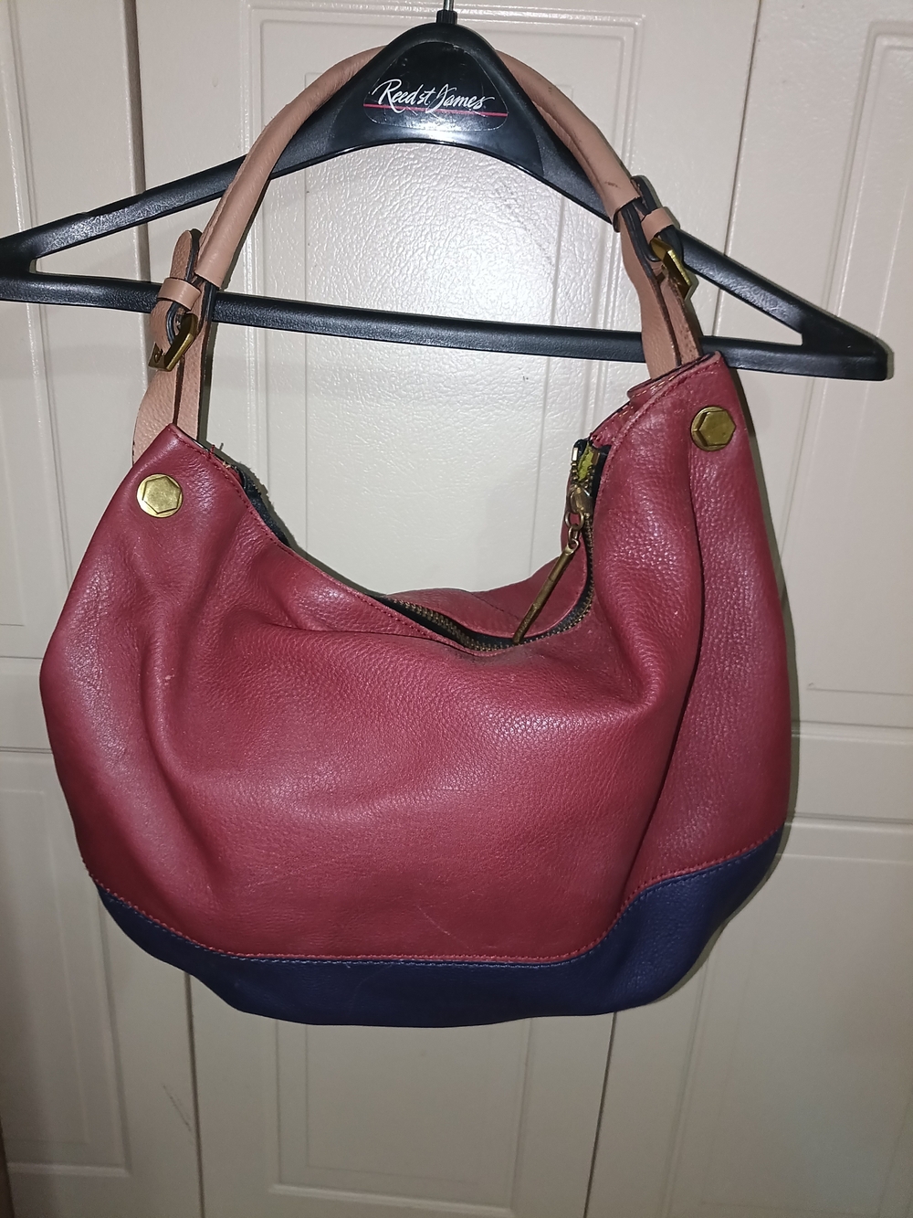 Women's Red and Navy Leather Hobo Bag with Beige Handles